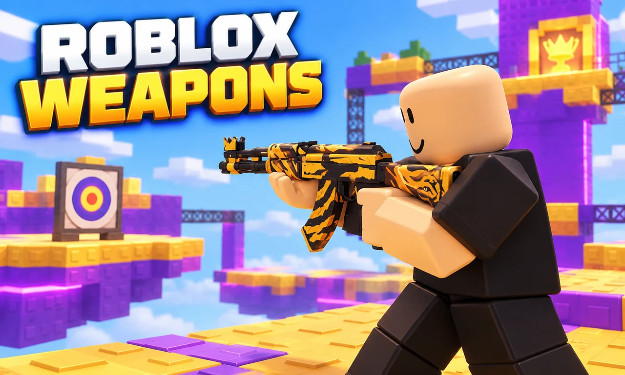 Blocky Roblox avatar presenting a custom black-and-gold game weapon