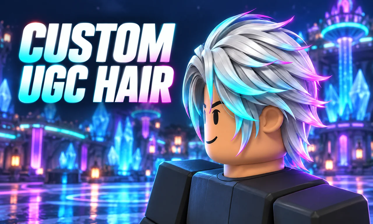 Roblox avatar wearing custom white hair with cyan and magenta highlights