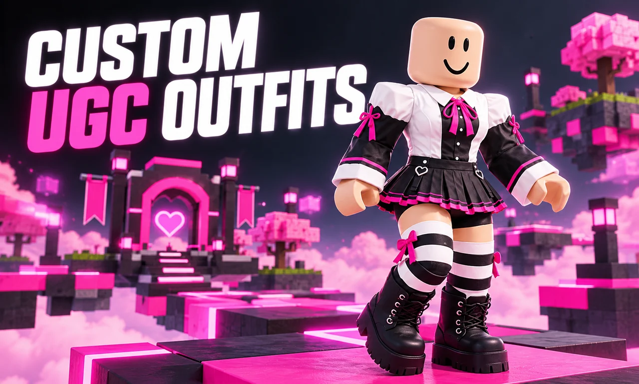 Roblox avatar modeling a dark coquette outfit with pink accents